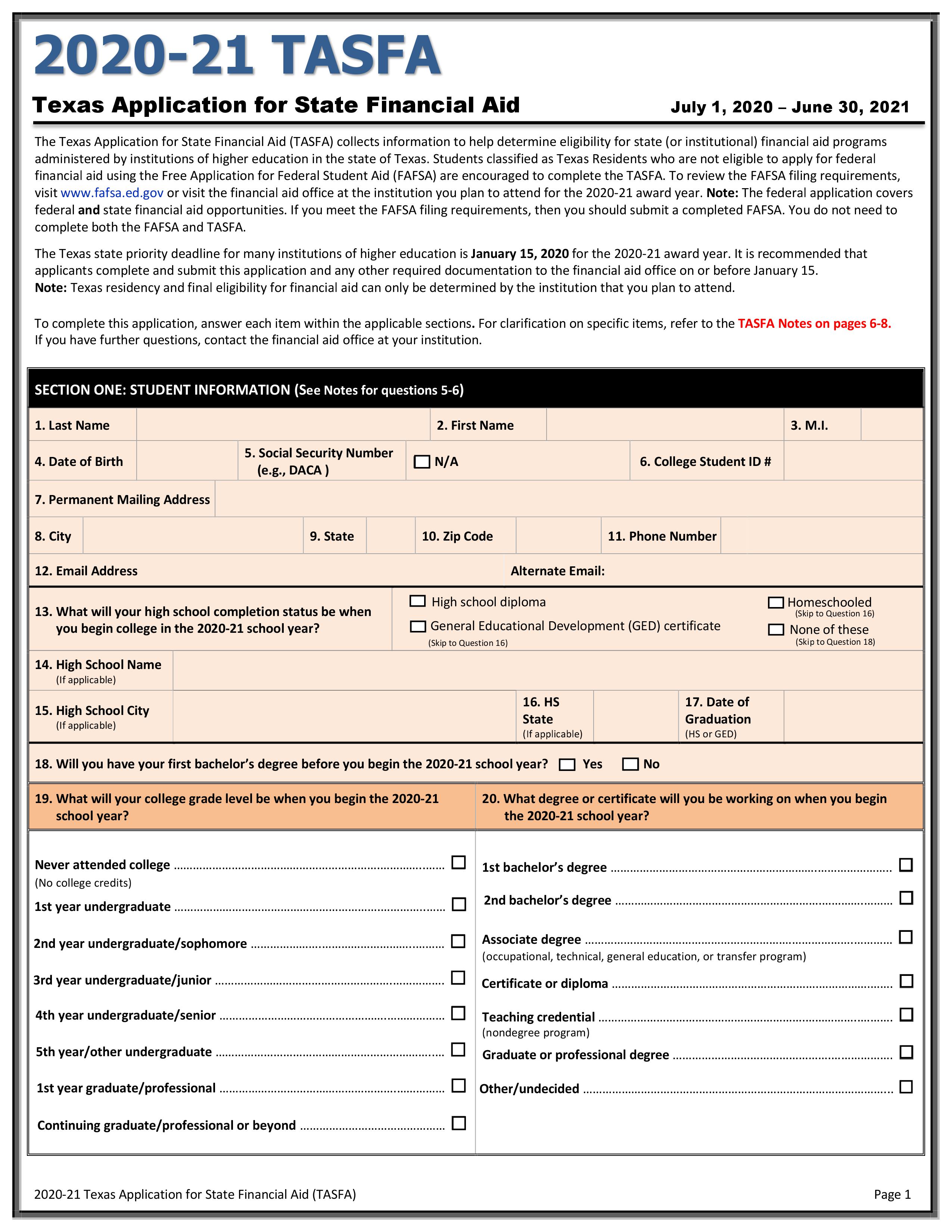 Texas Application for State Financial Aid