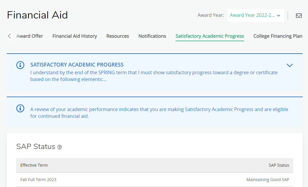 screenshot of SAIL account financial aid page with satisfactory academic progress status