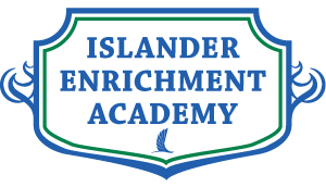 crest shaped design with the words "islander enrichment academy" and the islander wave