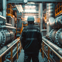 Man standing between pipes