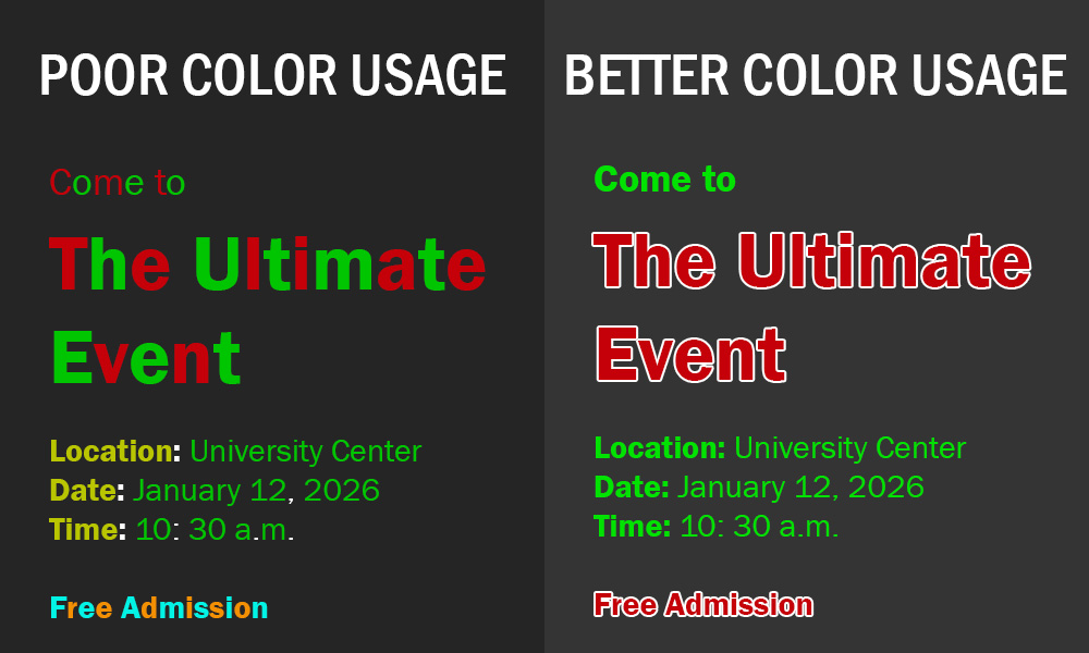 Comparison of poor and better color usage. One side shows alternating colors and goes into different color palettes while the other sticks to a color palette but addresses potential contrast issues with borders in colors that do contrast well with the background