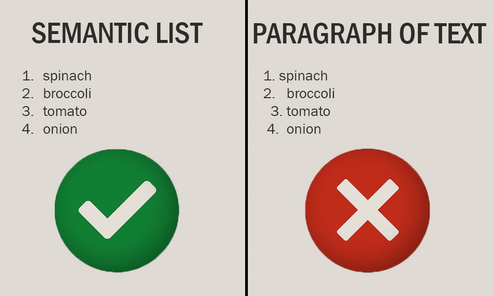 Comparison of a semantic list versus a paragraph of text made to look like a list.