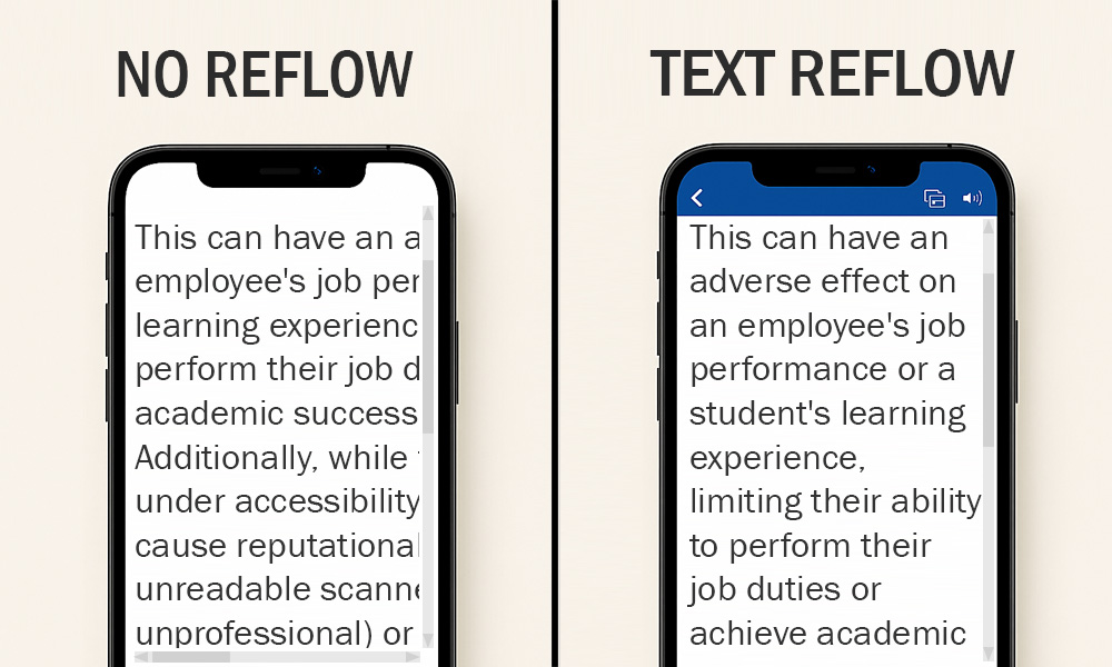 Comparison of reflow on a PDF document versus a Word document. PDFs do not wrap the text around the screen, only the document. Word allows text to wrap.