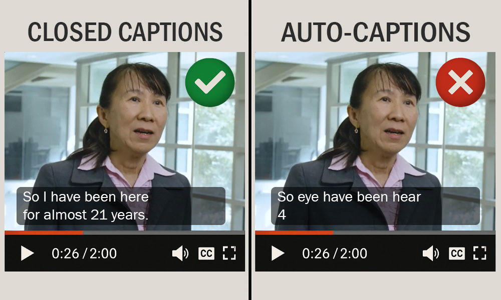 Dr. Chuleeporn “Nikki” Changchit shown in a video player good closed captions and not good auto-captions. Auto-captions replace I for the object eye, here the location for hear the action, and for for the number 4.