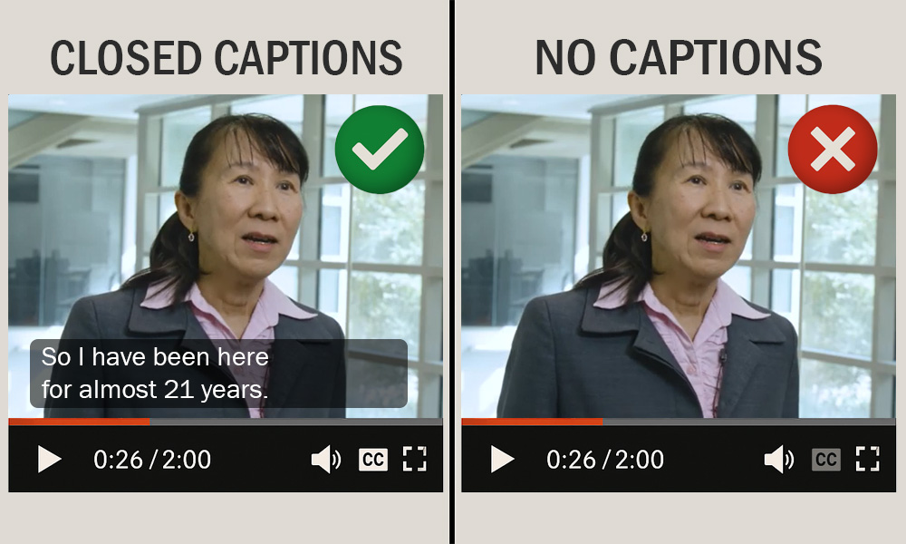 Dr. Chuleeporn “Nikki” Changchit shown in a video player with and without closed captions. Closed captions are good: So I have been here for almost 21 years.