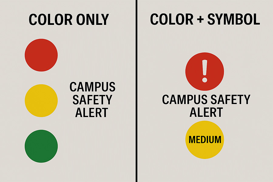 Comparison of information presented with color only versus a symbol or text, using the example of a campus safety alert that can be red, yellow, or green.