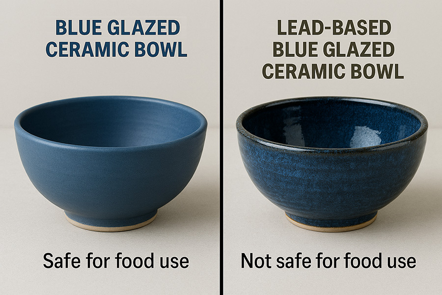 A comparison of two ceramic bowls, one blue glazed and the other lead-based blue glazed. The lead-based glaze makes the bowl not safe for food use.