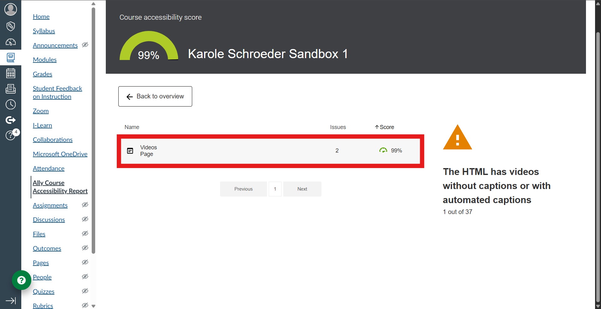 The first instance of a page with closed captions errors listed is highlighted in a red rectangle