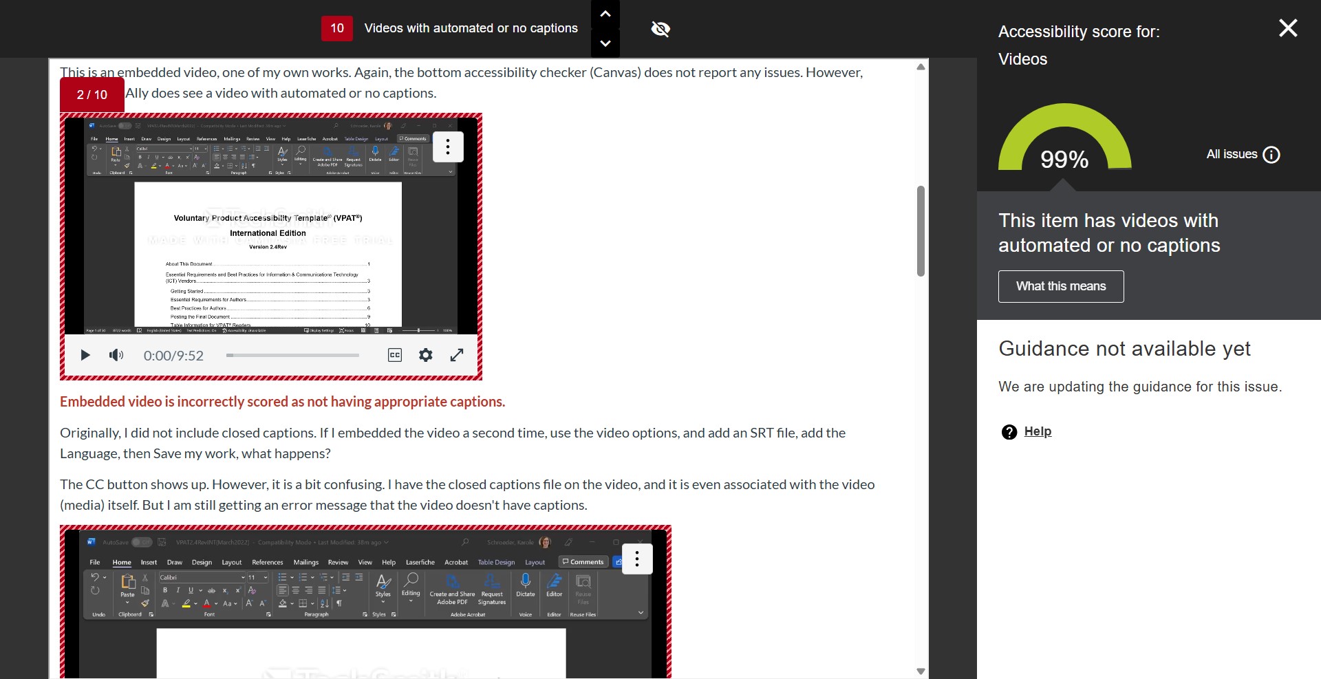 Automatically set to view videos with automated or no captions, the second out of ten supposedly inaccessible videos is highlighted in a red rectangle