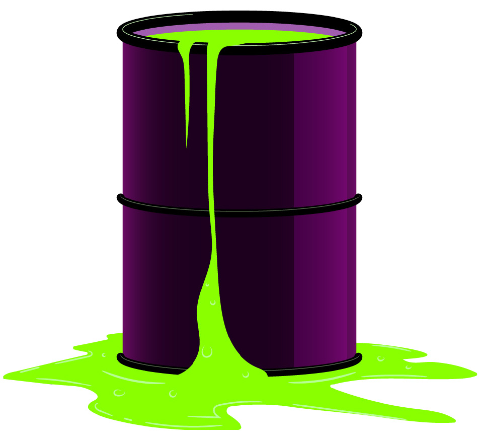 Green toxic sludge in a purple barrel oozing out onto the ground