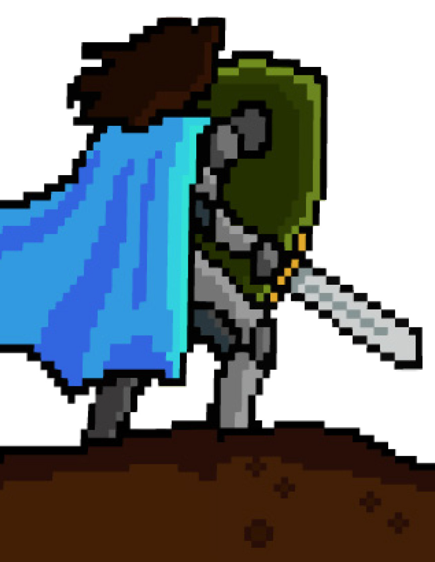 Our brown-haired hero wearing a blue cape, silver armor, and shield, armed with their trusty sword looking toward the sky at the impending battle