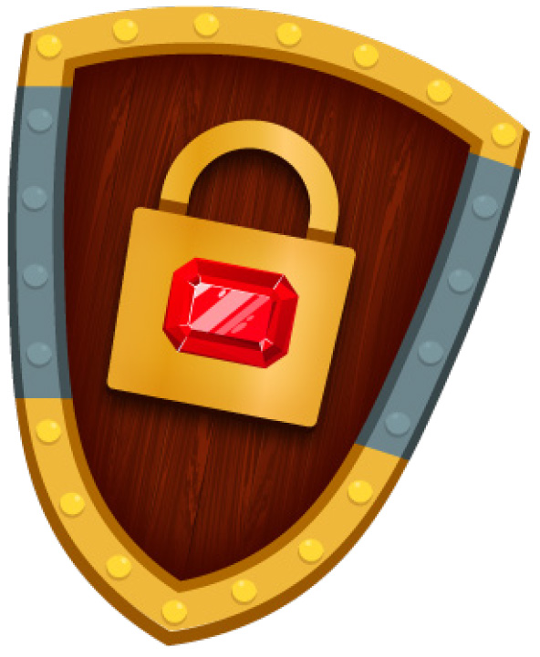 Red gem encrusted over a gold lock on a wooden shield, embanked with gold and silver fortifications 