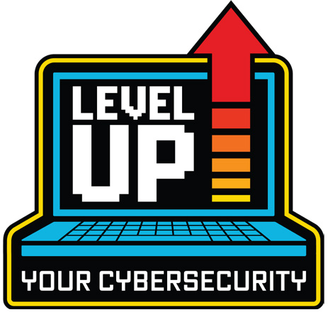 Level up your cybersecurity logo described as a pixelated image of a blue laptop with red booster arrow pointing up next to Level Up