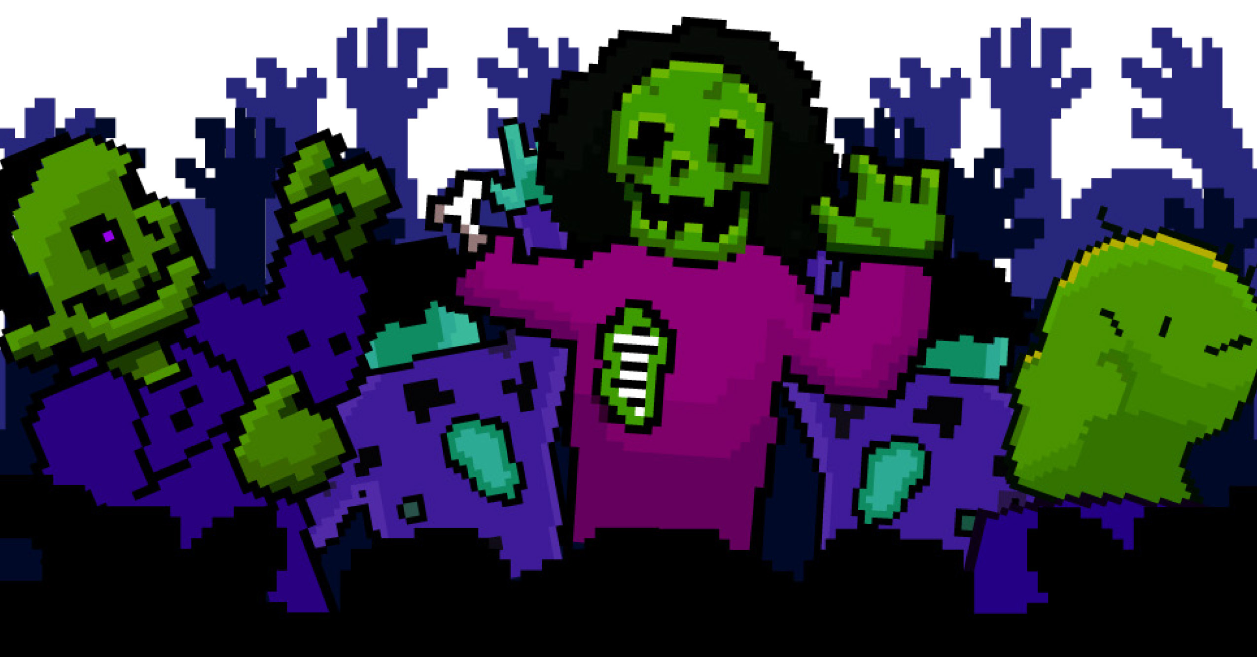 Green zombies in purple clothes partying like they have no brains and need more brains. The center zombie needs more shirt and skin to cover their ribcage.