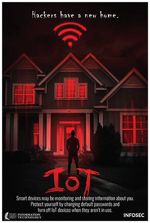 IoT movie poster: Red light shines across a typical two-story house with a bloody WiFi icon above and IoT below the house