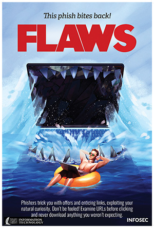 Flaws movie poster: The Jaws poster but with a laptop open showing its teeth towards a man relaxing in a tube with his laptop in his lap