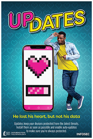 UpDates movie poster: A black man smiles and leans against an enlarged mobile phone he is pointing to that has a pink pixel heart and status meter. Up has an arrow pointing up in pink next to dates in yellow in front of a blue pixel heart pattern background