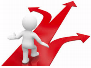 a stylized person with three diverging pathways in front of them