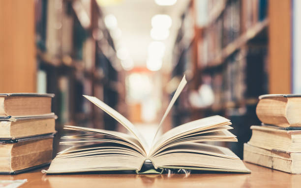 open book on library table