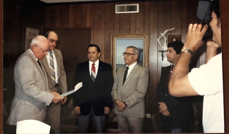 Arturo Vasquez and Simon R. Ortiz, Minority Business Development Center (MBDC) of Corpus Christi, with Mayor Luther Jones, who is presenting MBDC  a proclamation for assisting minority businesses in the Corpus Christi area.