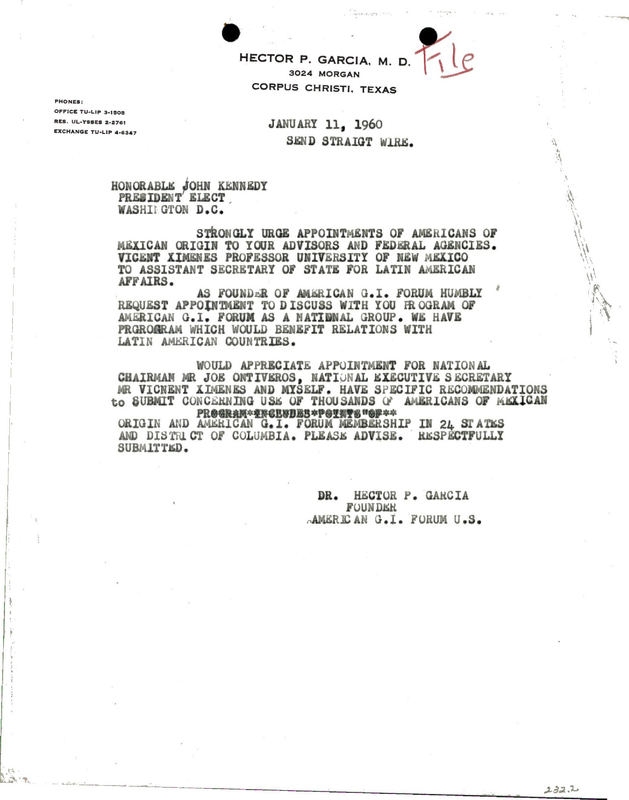 Letter from Dr. Garcia to John F. Kennedy advising him to appoint more Mexican Americans to government positions. 