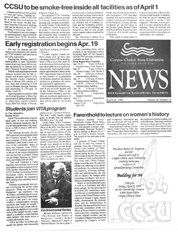 University News: March 25, 1993 · A Point of Beginning - The