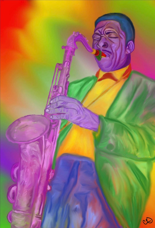 Artist: Caitlin Gamino. 14 by 11-inch mixed media, title The Feeling of Jazz. The brightly colored image includes a musician playing a saxophone, eyes shut. The facial expression conveys the power of the music. The clothing of the artist and background are bright shades of red, yellow, green, and blue. The saxophone and musician are rendered in shades of purple.