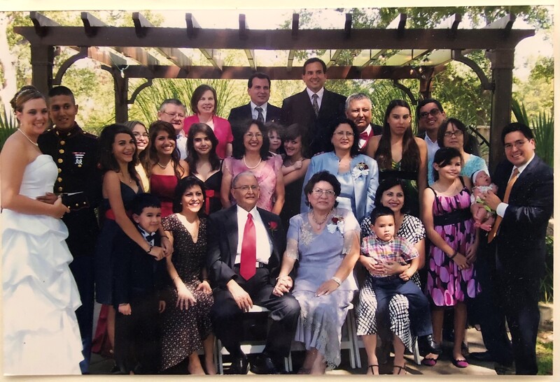 Last photo of Arturo Vasquez, with Marie and their family. Photo taken at grandson, Daniel Martinez III's, wedding.