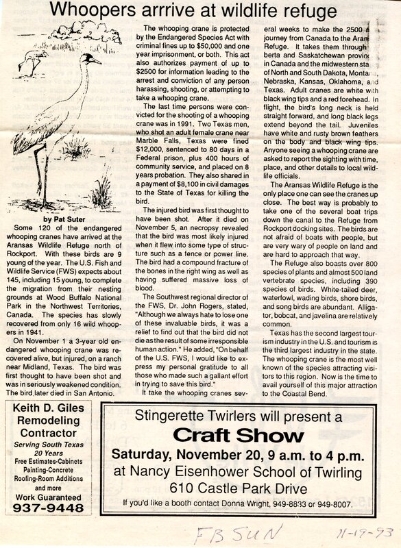 Article by Pat Suter on whooping cranes.