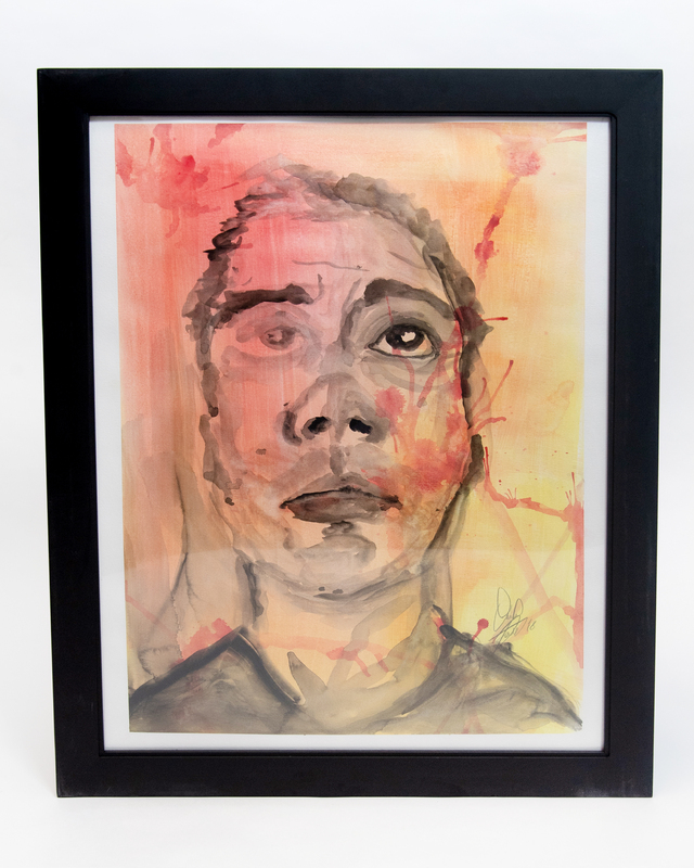 Red and yellow watercolor painting of a man.