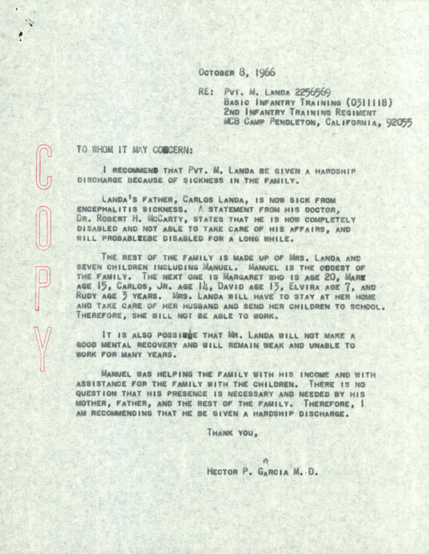 Letter from Dr. Garcia to the United States Army, requesting a delay in deployment for the son of a sick patient. 