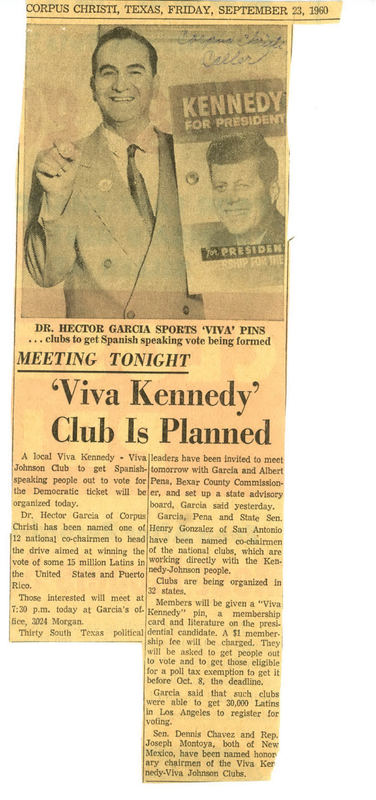 Newspaper clipping about the Viva Kennedy club becoming planned with Dr. Garcia being a important developer. 