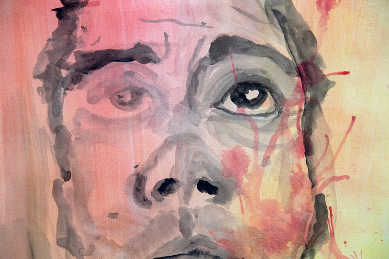 Red and yellow watercolor of a man close up.