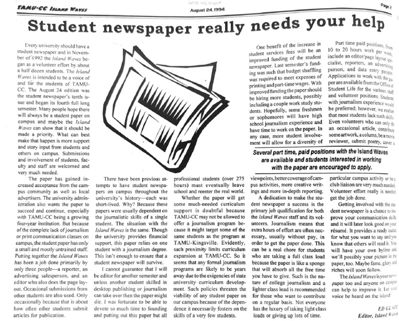 Island Waves - August 24, 1994, p. 3. Article title: Student Newspaper Really Needs Your Help. This article continues the conversation of sustaining the newspaper.