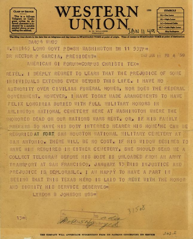 Telegram from Senator Lyndon B. Johnson to Dr. Hector P. Garcia