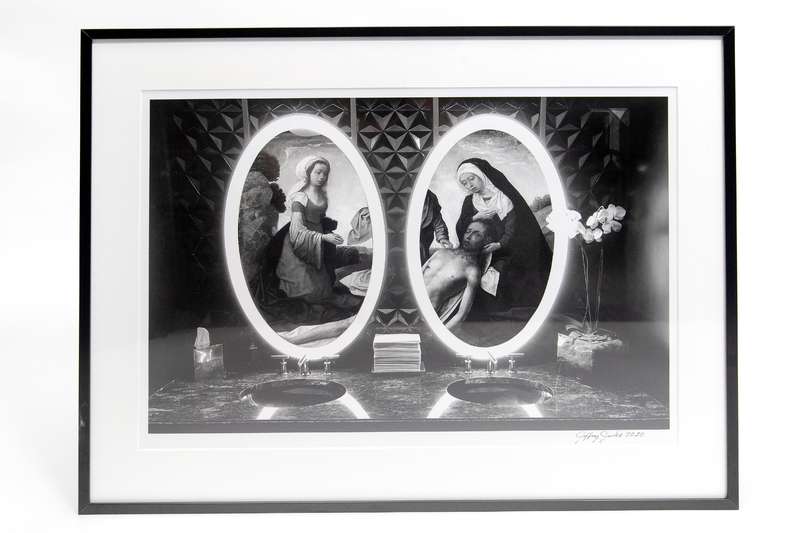 Black and white image of three individuals within two oval frames. 