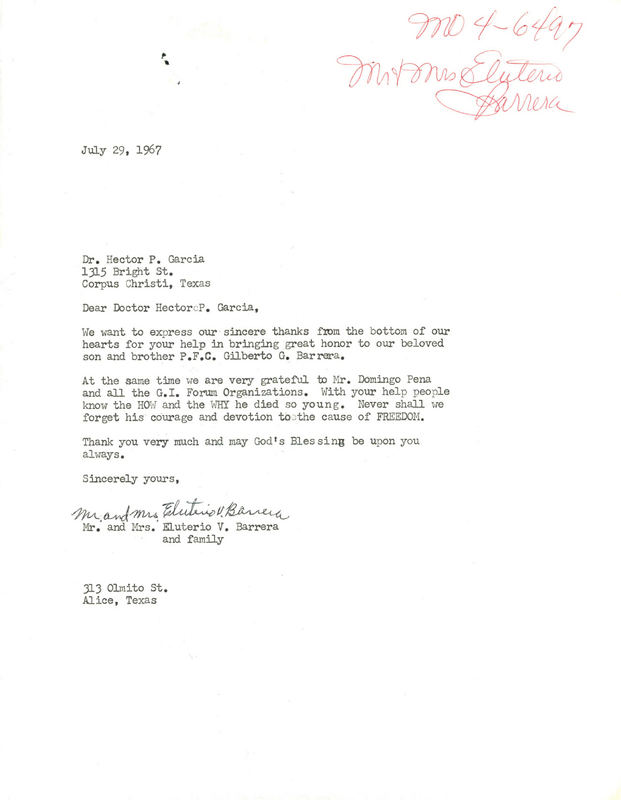 Letter from Mr. and Mrs. Eluterio V. Barrera to Dr. Garcia. The Barrera's are thanking Dr. Garcia and the AGIF for honoring their son who was killed in Vietnam. 