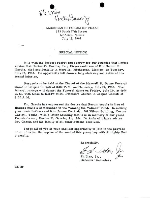 American GI Forum notice of Hector Jr.'s, Dr. Garcia's son, death. 