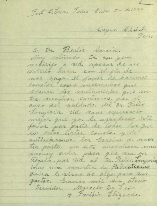 Letter from Marcelo De Leon and Faribio Elizondo to Dr. Garcia ensuring that the Longoria family's travel expenses were taken care of to the funeral in Arlington National Cemetery in Virginia. 