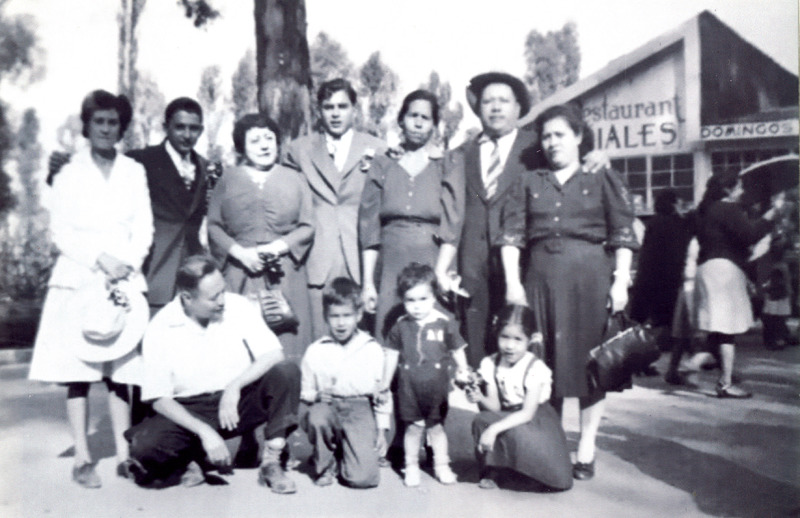 A Black and white family photo featuring Arturo Vasquez, Aunt Soledad “Chole” Juvera, and Rodolfo Vasquez, Jr.