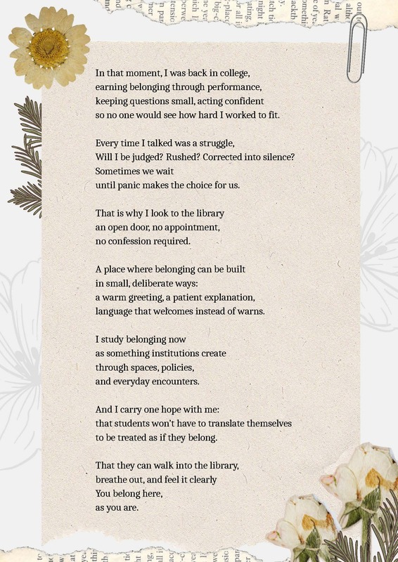 The image is a decorative page featuring a poem titled "Belonging in Translation" by Aída Almanza-Ferro. The background is a light, textured paper with floral designs at the corners.