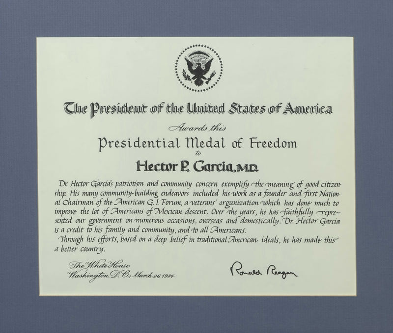 Photograph of Dr. Garcia's Presidential Medal of Freedom certificate. 