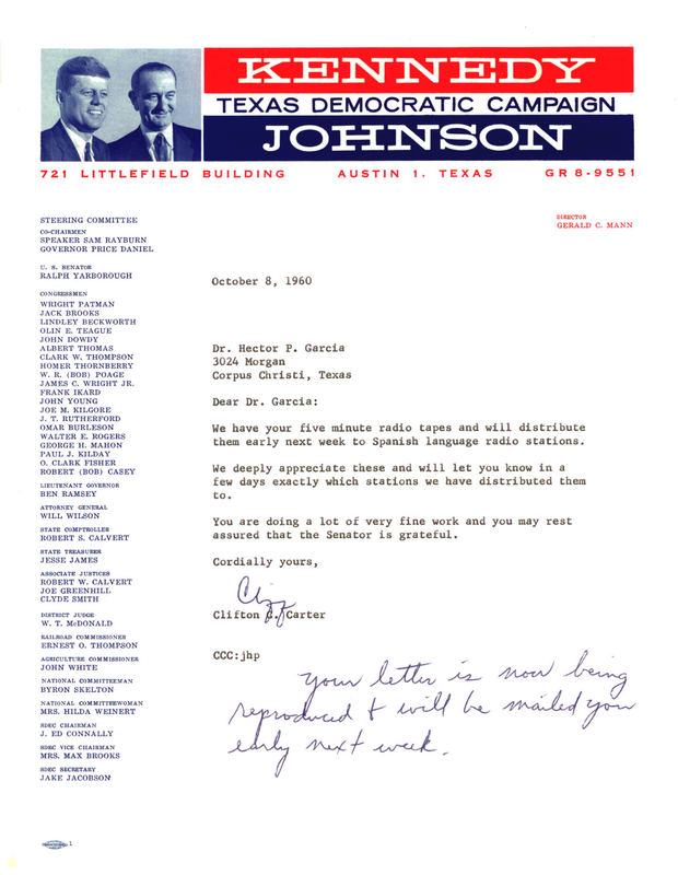 Letter from Clifton C. Carter to Dr. Garcia thanking Dr. Garcia for all of his work on behalf of the 1960 Kennedy-Johnson ticket. 