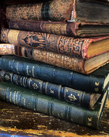 A stack of seven hardback books sit on a distressed wooden surface. The covers and page edges of the books are in varying stages of condition. Some appear very old and well used. The bottom three books are darker in color than the top four. Titles and various decorations can be seen on the spines, which are facing the viewer.