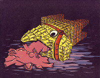 Illustration of a yellow donkey shaped piñata on its side on a dark purplish background. A pink and yellow puddle containing candy shapes is leaking out of the piñata’s head.