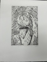 Black and white illustration of a headless torso, with a sphere above the neck. The figure's hands are at neck and sphere. The back and foreground of the image include flowers and water.