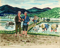 People working in a rice paddy with mountains in the background. Two men stand conversing in the foreground.