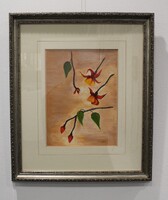 Framed painting of branches with red flowers and green leaves on an orange background.