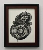 The image is a black and white lithograph set within a black frame with a dark brown inner border. The drawing features a surreal composition resembling a clock. The overall design is composed of thick, swirling lines, creating a dynamic and somewhat abstract appearance.
