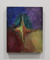 Abstract painting with a central radiant form and vivid colors flowing outward.
